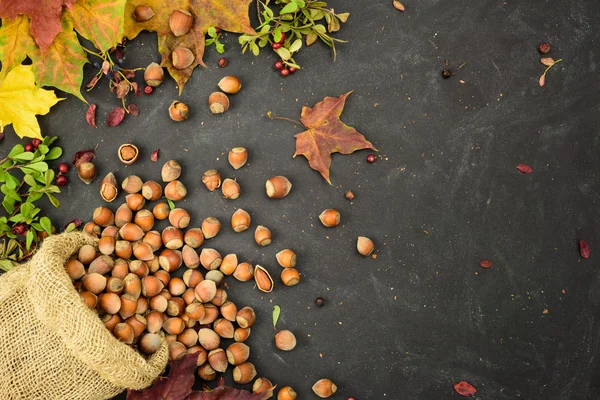 Орехи в мешке с осенними листьями и сушеными ягодами на гранжевом фоне, место для текста . — стоковое фото