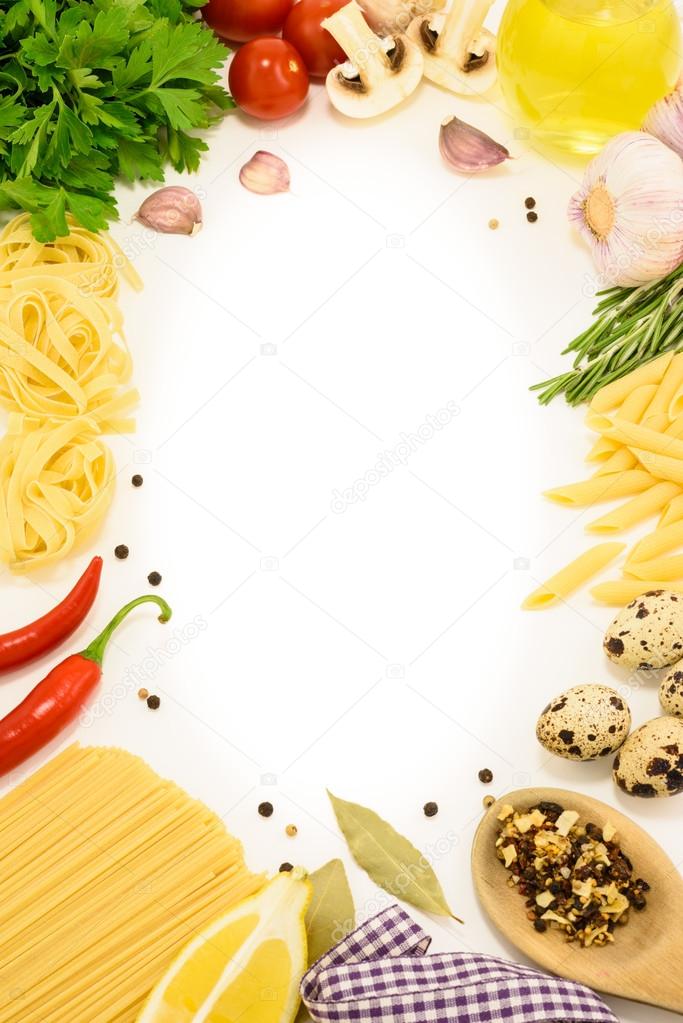 Food frame of italian cuisine ingredients: pasta, spices and vegetables over white, copy space