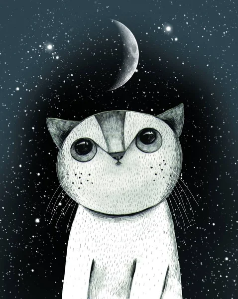 Drawing of a cat with big eyes at night with the moon