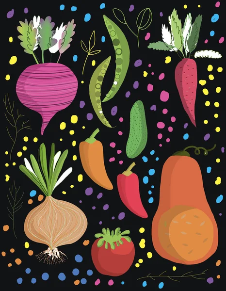 Набір Осіннім Врожаєм Овочів Чорному Тлі Мультиплікаційному Стилі — стокове фото