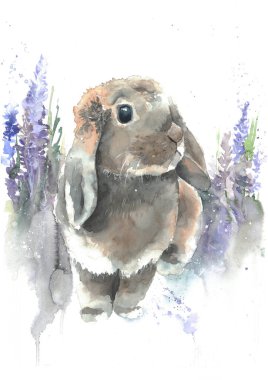Lavanta çiçekli şirin bir tavşanla suluboya çizimi