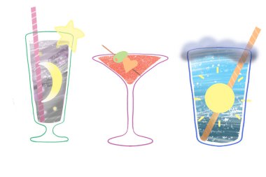 Bir grup çizim, farklı bardaklarda doğal fenomenlerle kokteyller hazırladı: Hilal ay, güneş, bir bulut.