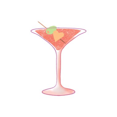 Martini bardağında, zeytinli ve kalpli bir şişle stilize edilmiş bir kokteyl.