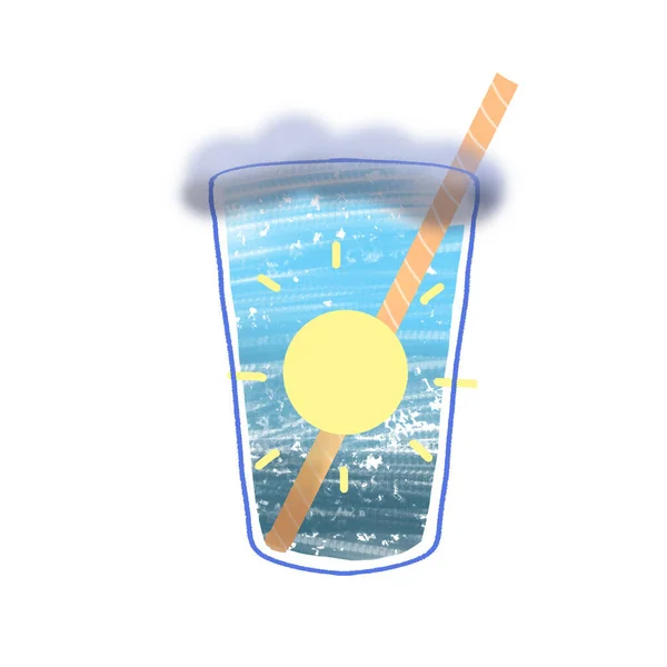 Illustration Stylized Cocktail Straw Tall Glass Sun Cloud — Stock Photo, Image