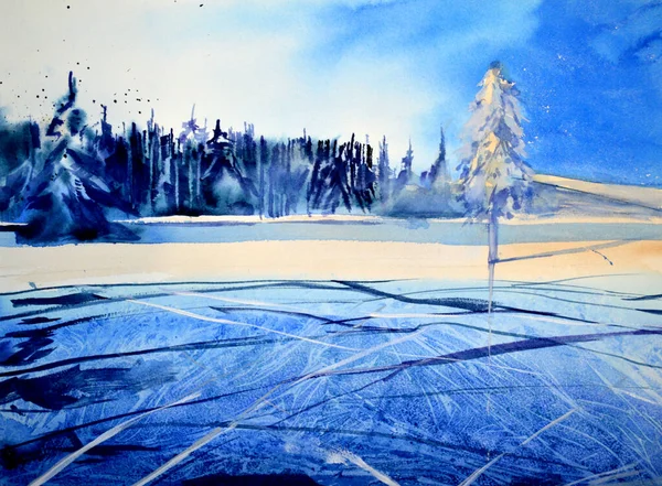 Akvarell Vinter Illustration Landskap Med Frusen Sjö Träd Snö Skog — Stockfoto