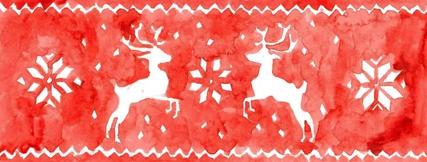 Акварельная Иллюстрация Красного Цвета Северными Оленями Норвежскими Звездами — стоковое фото