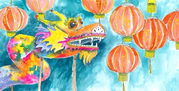 Watercolor illustration of a Chinese dragon with Chinese lanterns on a blue background, celebrating the traditions of the new year