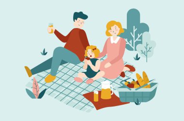 Yazın parkta aile pikniği. Baba anne kızı dışarıda otururken rahatlıyor. Vektör illüstrasyon düz tasarım