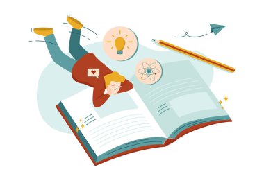 Kitap okuyan adamlar. Beceri yatırımı için yeni eğitim öğreniyorum. metin kitabı ve kalem vektör çizimi düz tasarım