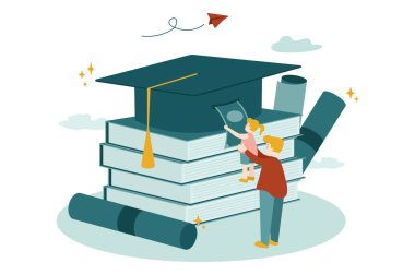 Eğitim fonu için ebeveyn tasarrufu. Kitap yığını ve burs Vektör illüstrasyonu düz tasarım