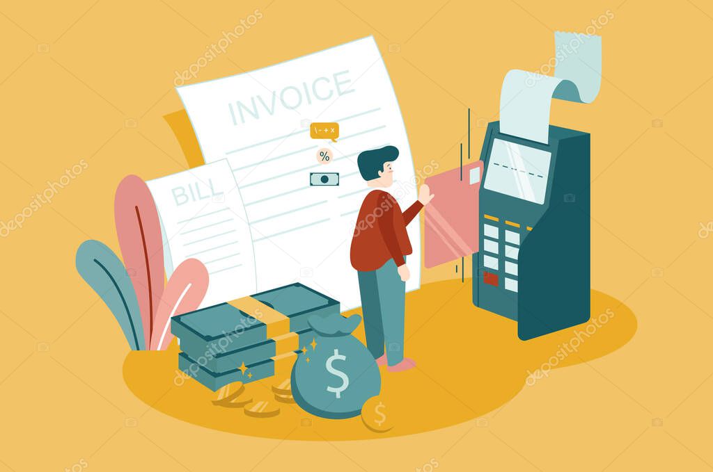 Vector illustration man paying bills at atm machine with credit card. Receipt and invoice from machine. Coins and stack of money flat