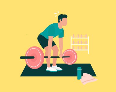 Spor salonunda ağırlık kaldıran güçlü bir adam. Yoga minderinde sakallı adamlar. spor egzersiz vektörü konsepti