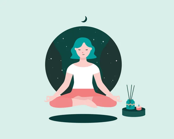 Mujer Meditación Flotante Con Incienso Por Noche Calma Relax Yoga — Vector de stock