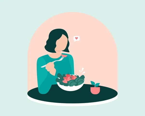 节食的妇女在桌上吃着一碗沙拉和健康食品 水果和蔬菜 矢量说明 — 图库矢量图片
