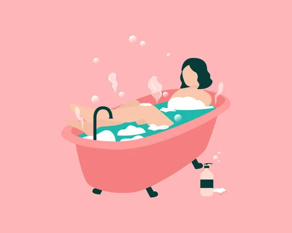 与年轻女子共浴的浴缸在泡泡扁平的矢量下放松 — 图库矢量图片