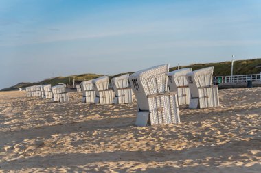 Beyaz hasır plaj sandalyeleri altın kumda sıralanır. Yumuşak sabah ışığı uzun gölgeler bırakır.
