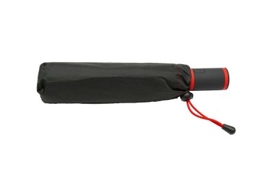Black umbrella in sleeve. A compact black umbrella in a protective sleeve with a red strap. The handle features a push button.