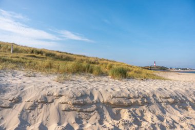 Golden dunes stretch toward a distant lighthouse under the blue sky. Sunlight enhances the texture of the soft sand.