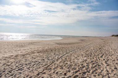 A bright sandy beach meets the glittering sea under a radiant sky. Gentle waves and sunlight create a feeling of freedom and peace.