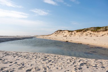 Clear shallow water flows between sandbanks, shimmering under the sunlight. The dunes in the background contrast with the blue sky.
