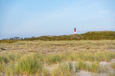 Yeşil kumulların ve sahil otlarının ötesinde bir deniz feneri yükseliyor. Yakınlarda bir martı uçuyor. Huzurlu manzara adanın cazibesini yakalar..