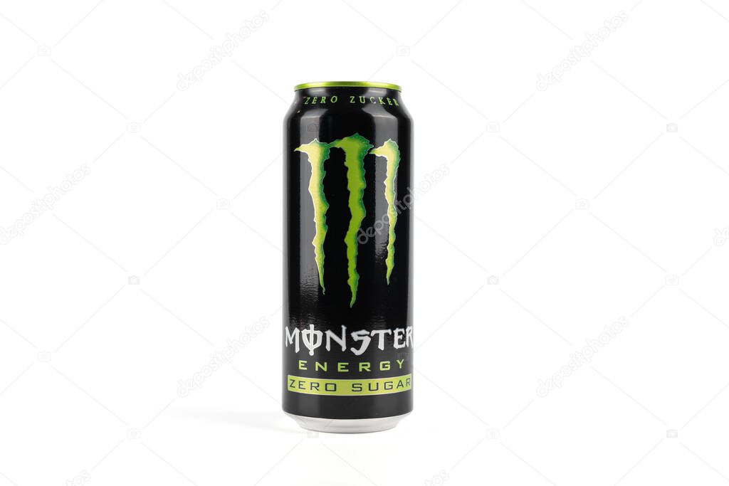 Germany Berlin October 18, 2025. A can of Monster Energy Zero Sugar stands upright on a white background. The black and green design contrasts sharply, creating a clean product shot.
