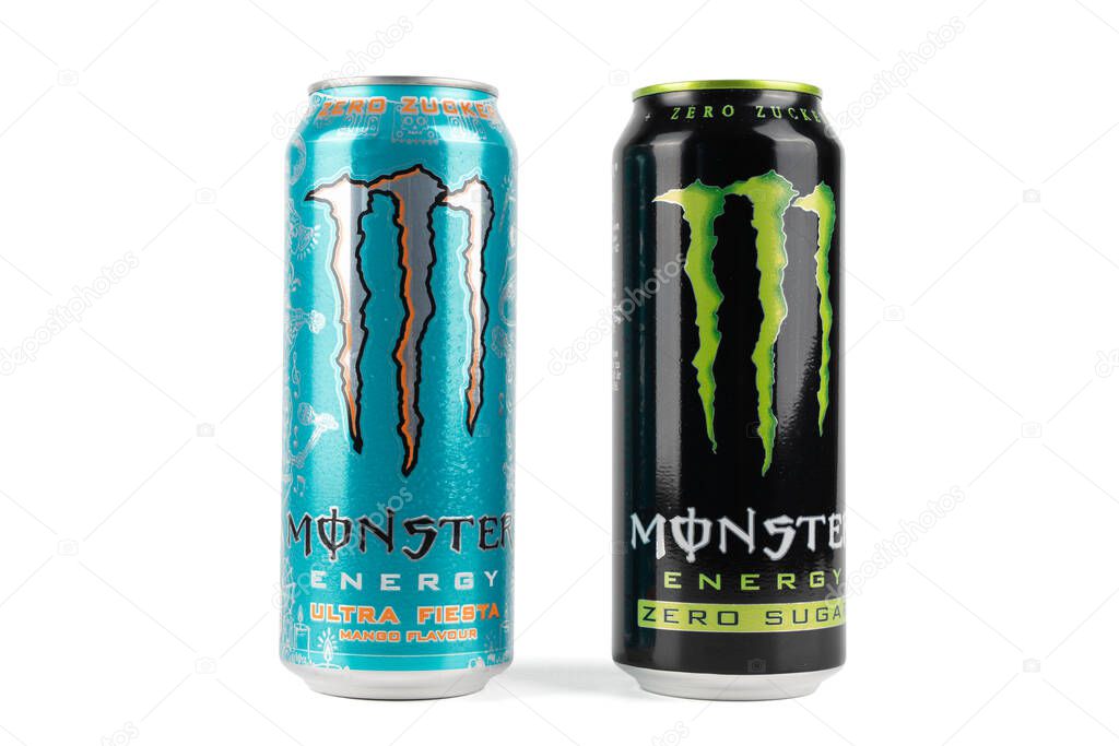 Germany Berlin October 18, 2025. Two Monster Energy cans, one Ultra Fiesta Mango Flavour and one Zero Sugar, standing side by side isolated on a white background. Bright and modern studio shot.