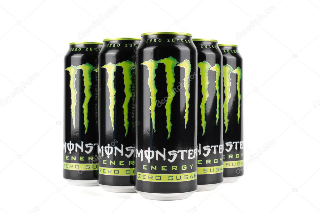 Germany Berlin October 18, 2025. Six Monster Energy Zero Sugar cans standing in a group isolated on a white background. The arrangement highlights the brands bold design