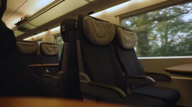 Boş tren koltukları ağaçların yanından geçiyor. Pencerenin kenarındaki modern tren koltukları. Dışarıda bulanık ağaçlar var. Ilık ışık, sakin bir yolculuk ortamı yaratır..