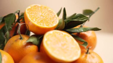 Yapraklı dalları olan Mandarinler parlak kesiklerle kaplı bir yığın halinde dönüyorlar. Sahne, yeni bölümleri, kabuğu ve doğal şekillendirmeyi ön plana çıkarıyor..