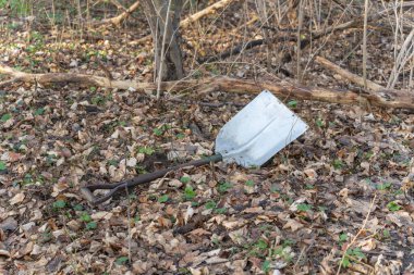 Kuru yapraklarla kaplı bir orman zemininde terk edilmiş bir kürek. Unutulmuş araç, insan varlığının yavaş yavaş doğa tarafından geri kazanıldığını gösteriyor..