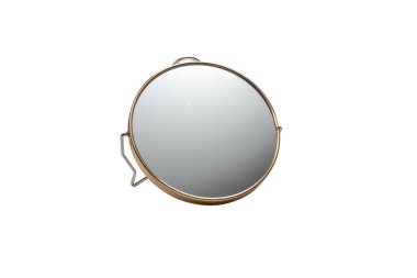 Yuvarlak masa aynası izole edilmiş. Beyaz arka planda metal çerçeveli yuvarlak masa üstü aynası. Güzellik, tımar ve iç tasarım için minimal ev aksesuarı.
