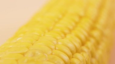 Dönen mısır koçanı, pürüzsüz parlak çekirdekleri olan uç makroda gösteriliyor. Temiz stüdyo yemekleri videosu dokuyu, rengi ve doğal geometriyi vurguluyor.