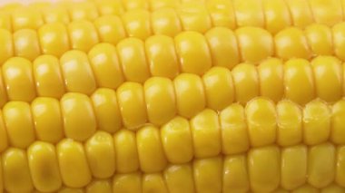 Doğal bir geometrik desen oluşturan mısır tanelerinin dönüşümlü makro detayı. Asgari gıda videosu doku, renk ve yinelemeye odaklı.