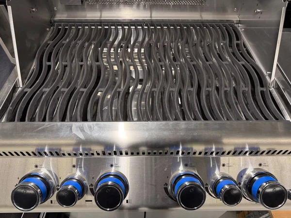 Izgaralı bir ızgara. Izgara gümüşten ve üstünde mavi bir düğmesi var.