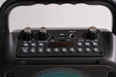 Karaoke hoparlörünün kapı kolları ve portlu kontrol panelinin detaylı görüntüsü. USB, AUX ve mikrofon giriş bağlantıları görünür.