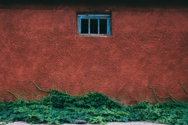 Kırmızı duvar üstünde belgili tanımlık pencere