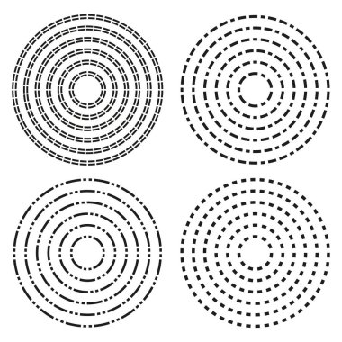 Dotted circle patterns. Line dash shapes. Abstract geometric Vector. Radial element collection. EPS 10.