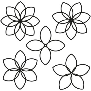 Özet geçilmiş çiçek şekilleri. Geometrik çiçek çizimi. Tek renkli çiçek dizaynı. Vektör bitki elementleri. EPS 10.