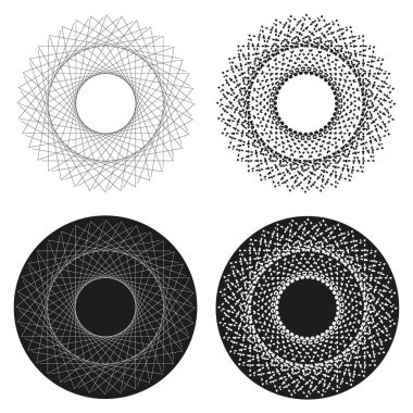Radyal çember desenleri. Karmaşık çizgi tasarımı. Hipnotik soyut şekil. Vektör kompleksi. EPS 10.