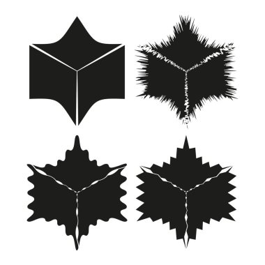 Siyah dikenli şekiller. Soyut yıldız elementleri. Bozulmuş geometrik şekiller. Vektör siluet koleksiyonu. EPS 10.