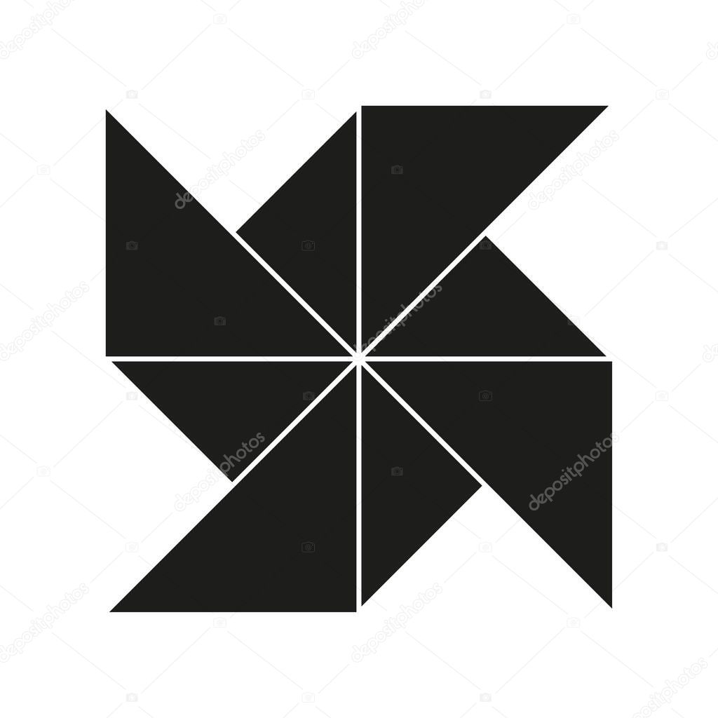 Pinwheel black shape. Spinning blades Vector form. Single geometric element. Abstract rotation symbol. EPS 10.