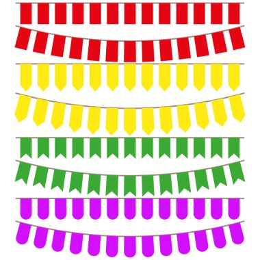 Bunting çelenk pankartı. Parlak bayraklar Vektör. Parti dekorasyon unsuru. Renkli flama dizisi. EPS 10.