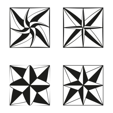 Compass rose elements. Abstract star patterns. Square frame Vector set. Black white graphic. EPS 10.