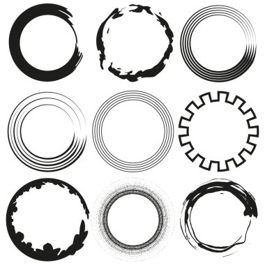 Abstract circle frames. Brush stroke effect. Grunge border Vector. Black white design set. EPS 10.