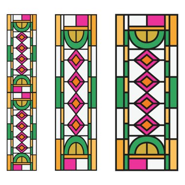 Lekeli cam deseni. Geometrik renkli bantlar. Soyut süs taşıyıcısı. Sanat deco panelleri. EPS 10.