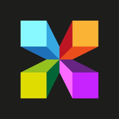 Geometrik küp elementi. Renkli üç boyutlu. Soyut çapraz vektör. Koyu arkaplan. EPS 10.