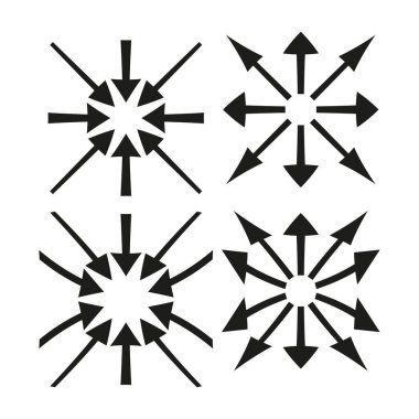 Radyal ok simgeleri. Yönlendirme hareketi sembolleri. İçten dışa doğru vektör. Odaklanma kontrolü grafiği. EPS 10.