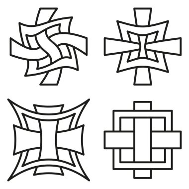 Dekoratif çapraz şekiller. Birbirine dolanmış hat motifi. Soyut rozet vektörü. Düğüm sembolü ögesi. EPS 10.