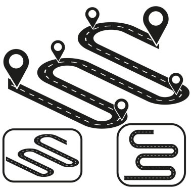 Dolambaçlı yol haritası. Konum pin vektörü ayarlandı. Navigasyon rotası elemanı. Yolculuk grafikleri. EPS 10.